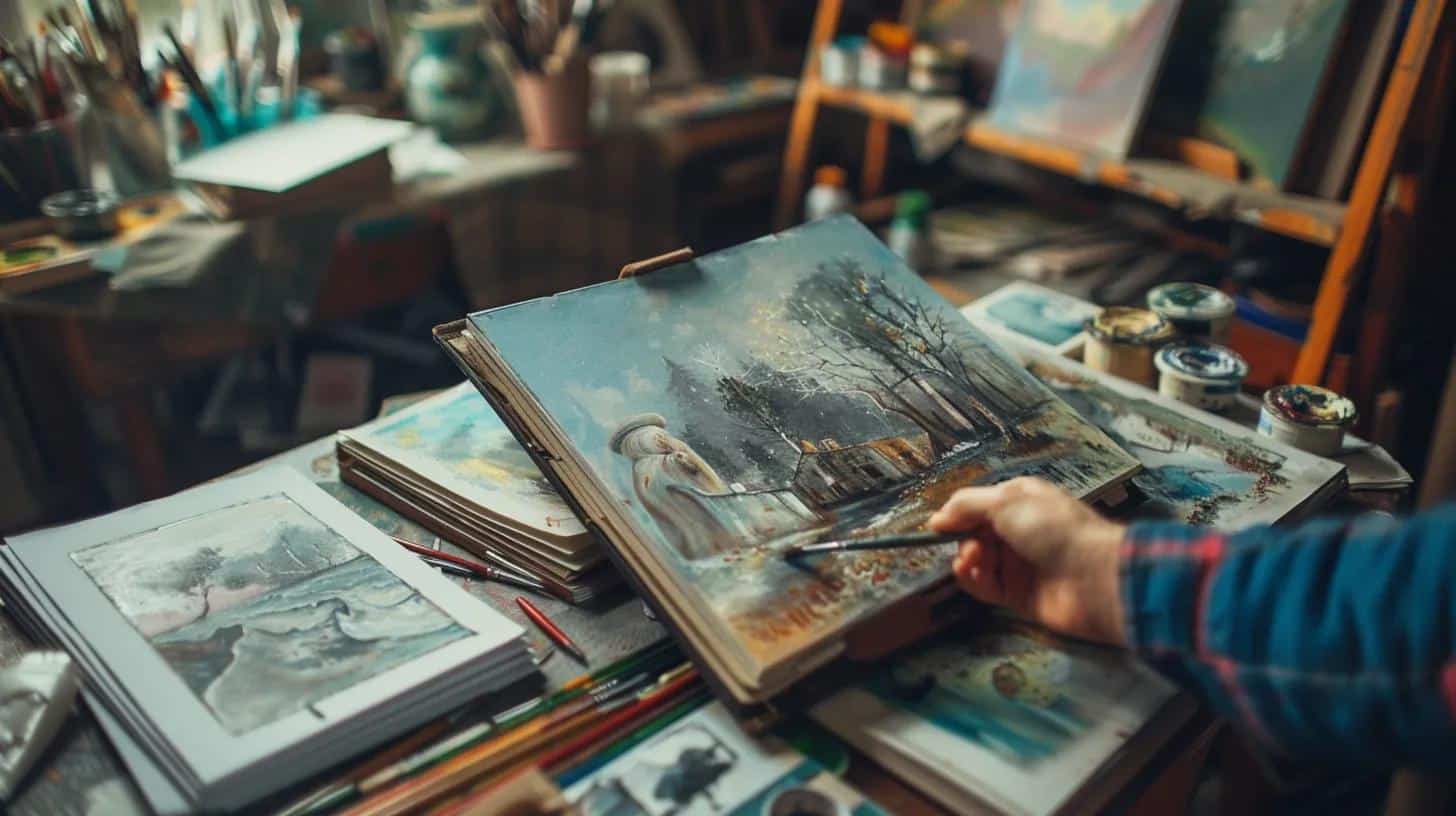 Close-up of an artist's portfolio showcasing diverse art styles for commission selection