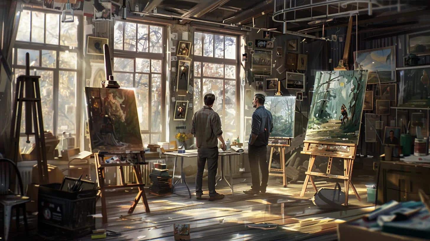 Artist Geiler Corona consulting with a client about a custom painting commission in his studio
