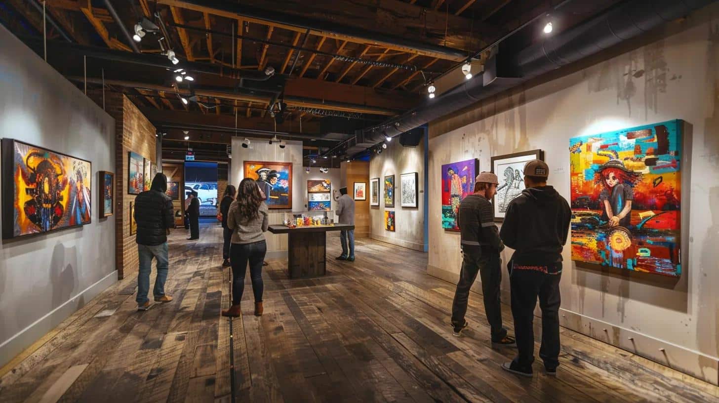 Interior view of GCoronaArt Gallery with visitors admiring original paintings by Geiler Corona