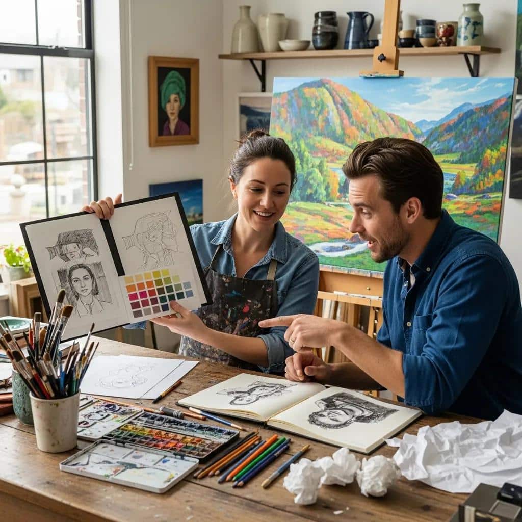 Artist and client collaborating on a custom art commission with sketches and color palettes