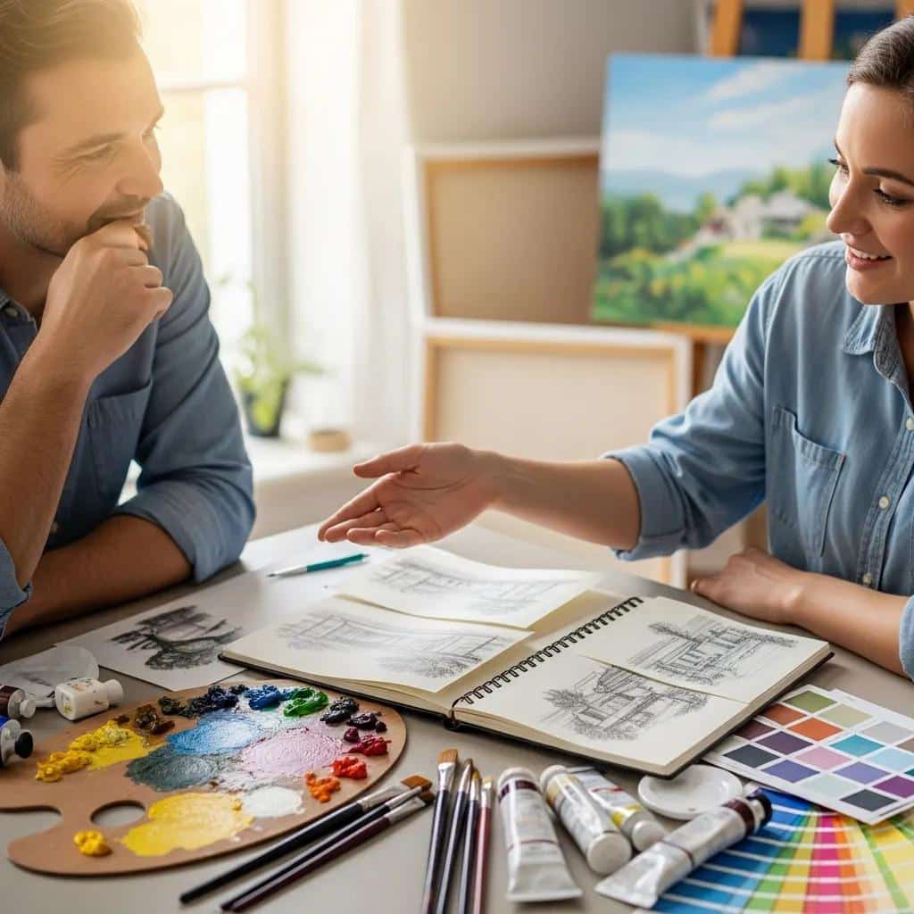 Artist and client reviewing sketches and color palettes while planning a custom painting