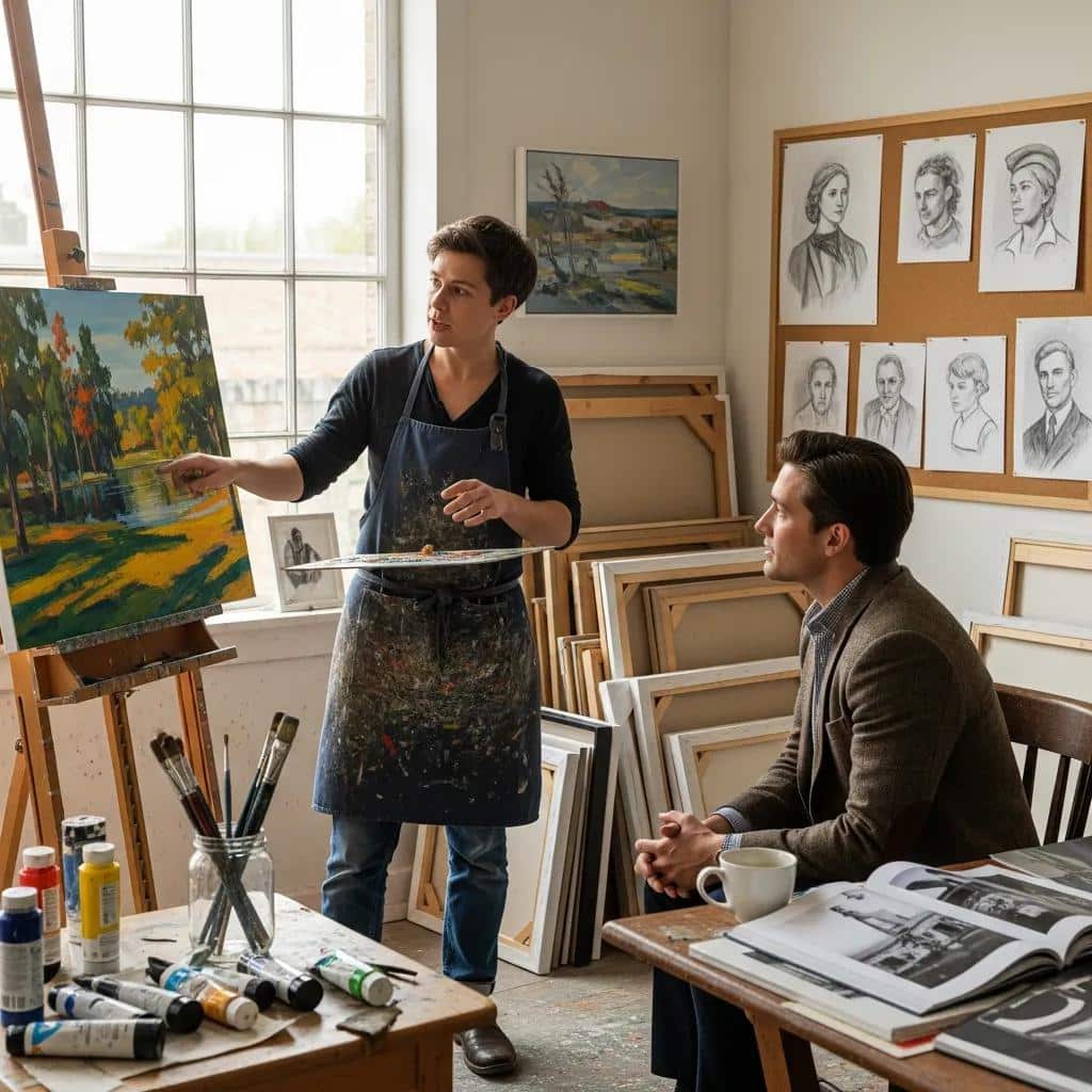 Artist and collector discussing the commissioning process for custom paintings