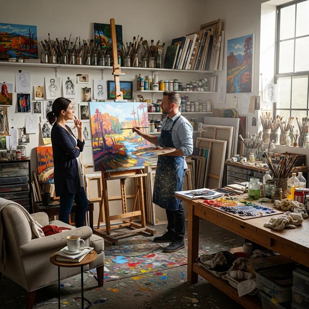 Artist Geiler Corona creating a custom painting in a vibrant studio, illustrating the commissioning process