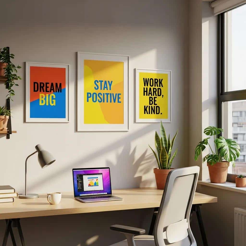 Bright office space with motivational art prints, enhancing the aesthetic and inspiring productivity