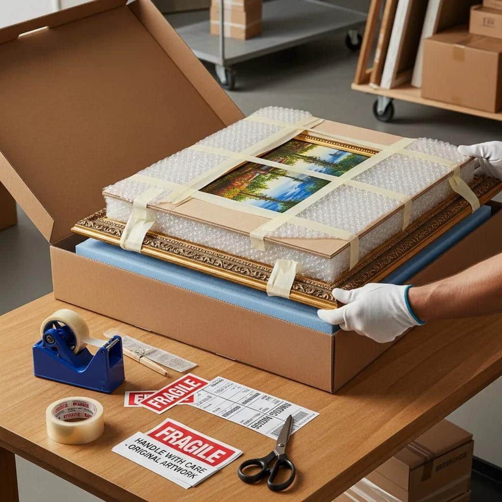 Careful packaging of an original painting for delivery, highlighting shipping services for art buyers