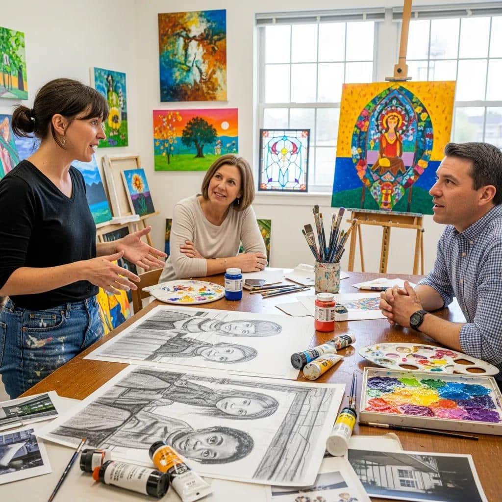 Collaboration between an artist and school/church representatives discussing custom Christian and motivational artworks