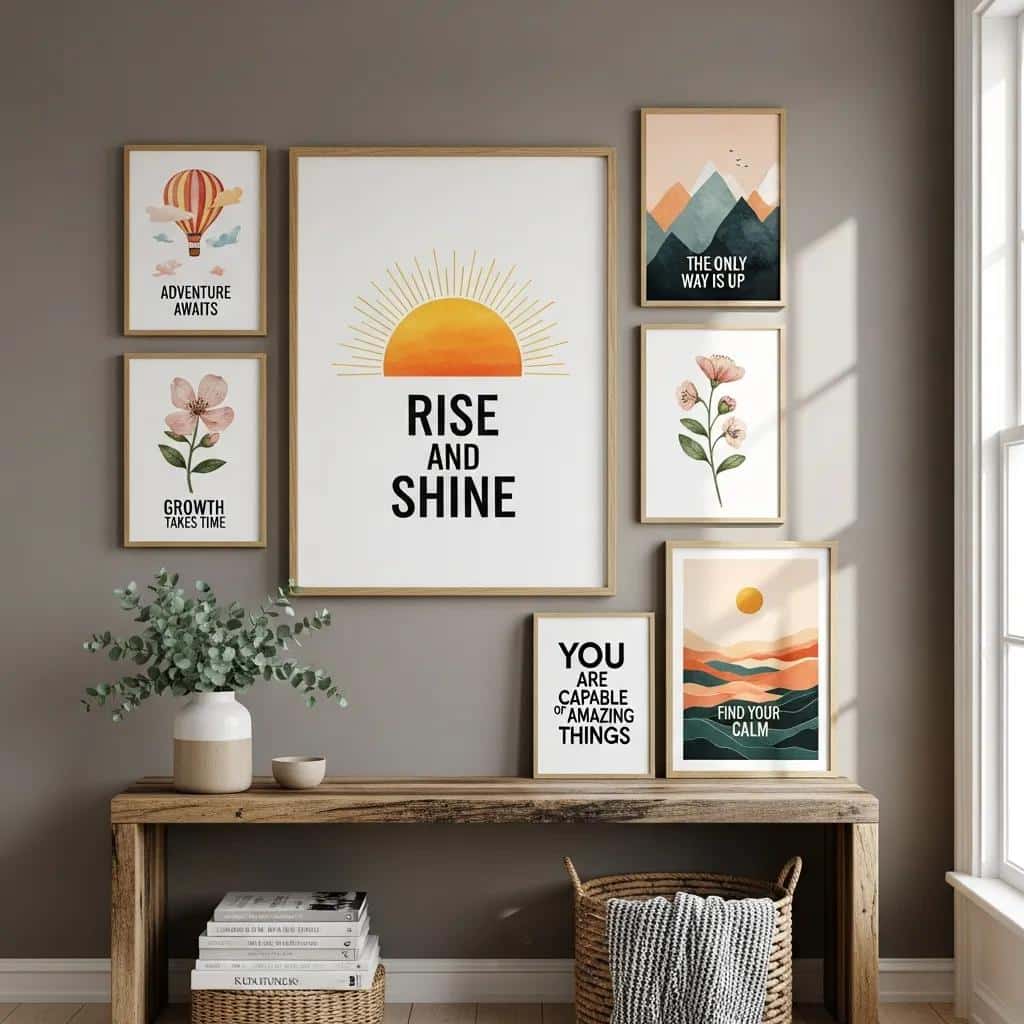 Collection of motivational art prints displayed in a cozy home setting