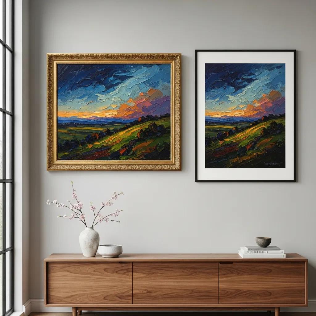 Comparison of original paintings and art prints in a stylish setting