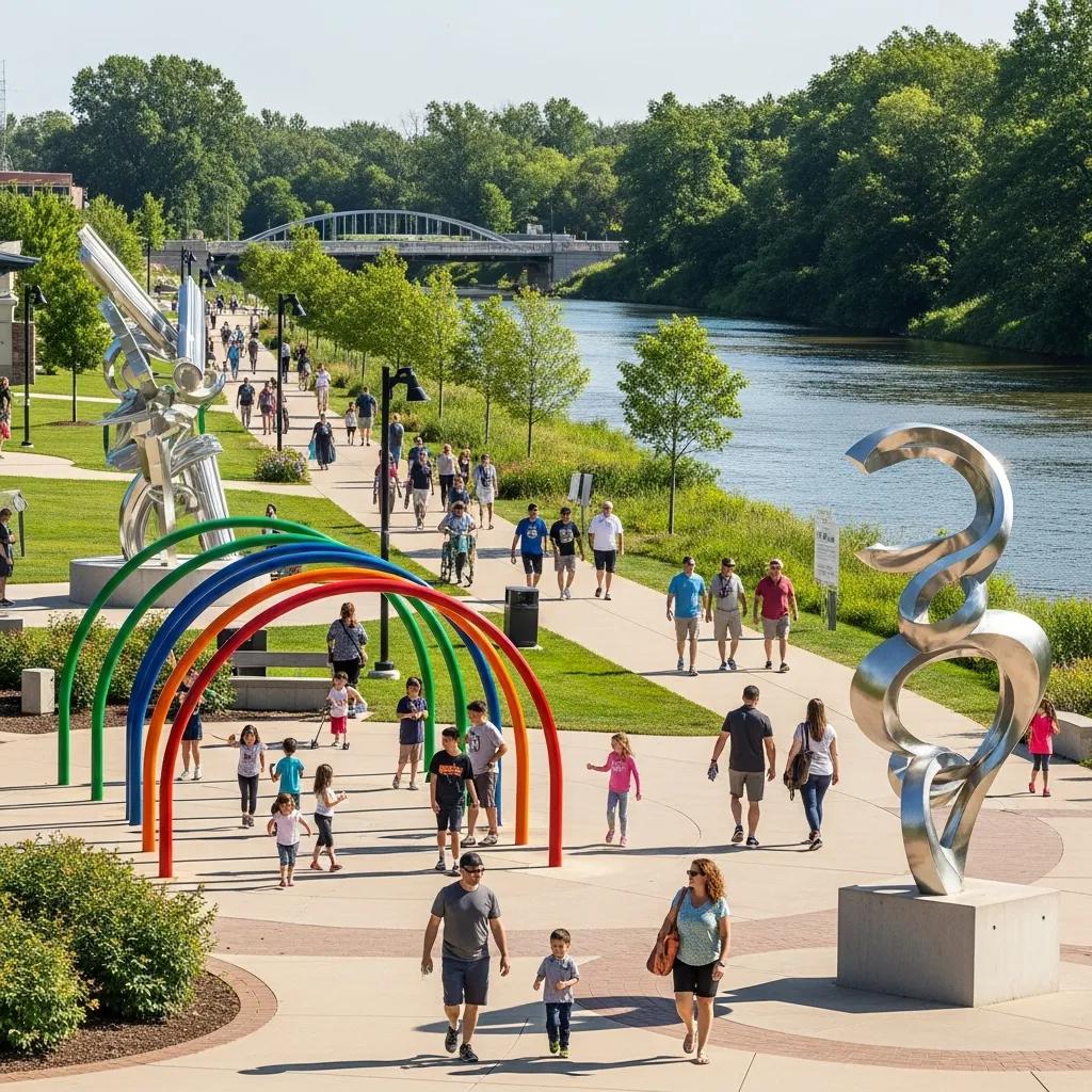 Contemporary art installations along the Riverwalk in Naperville, enhancing community engagement