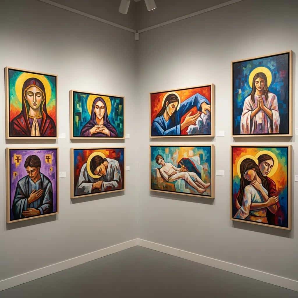 Display of original paintings by Geiler Corona in a gallery, emphasizing vibrant colors and emotional depth