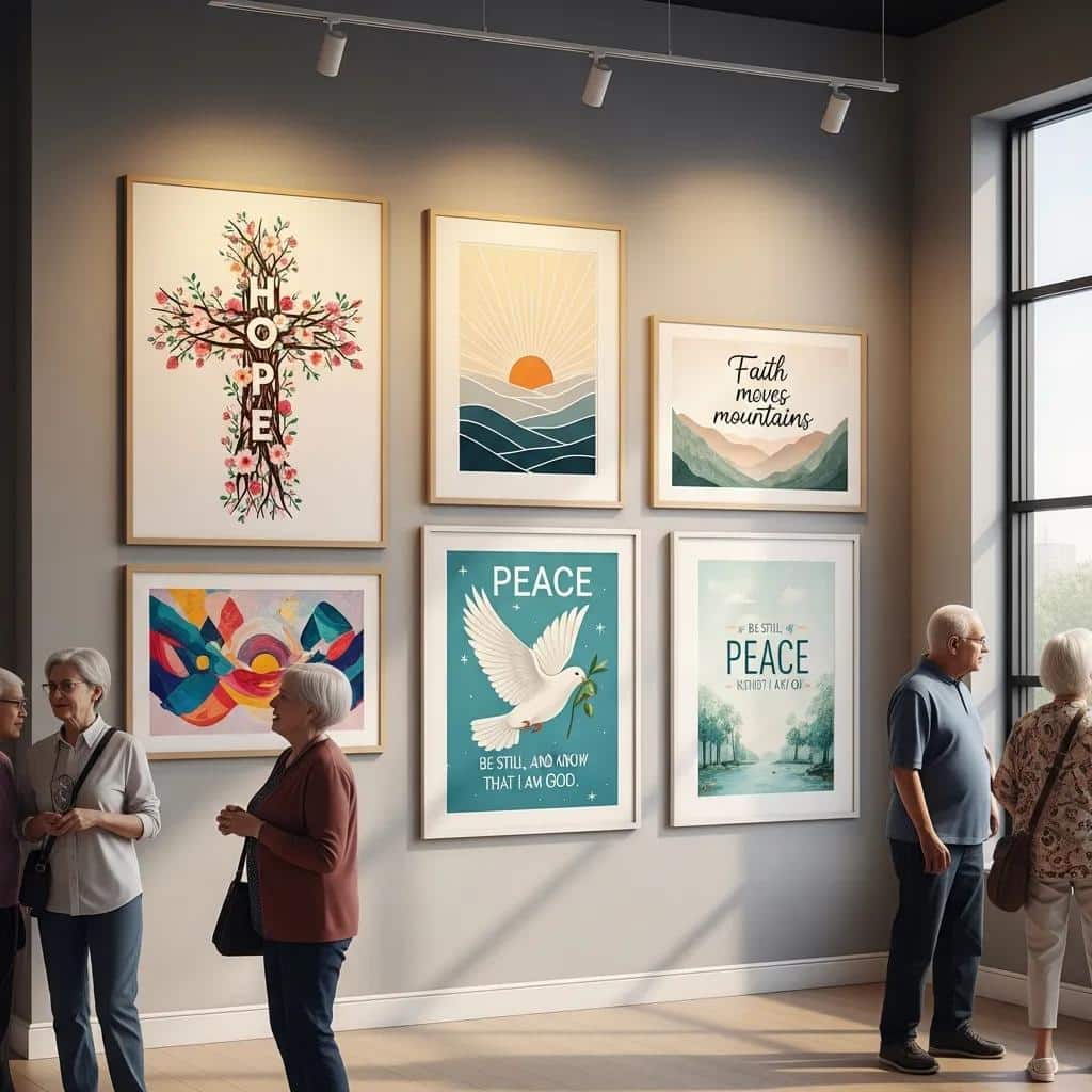 Gallery display of motivational and Christian art prints emphasizing themes of hope and faith