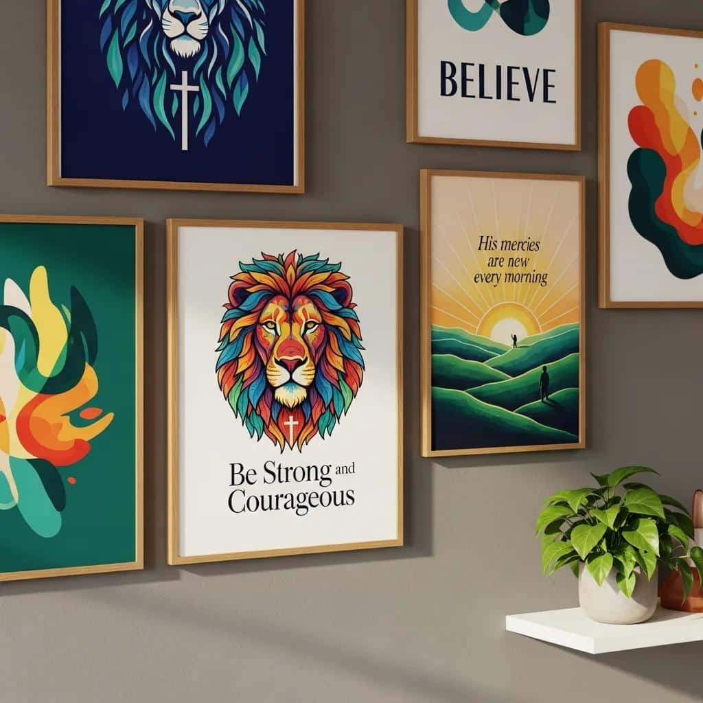 Limited edition motivational and Christian prints by Geiler Corona displayed on a wall, showcasing vibrant colors and inspirational themes
