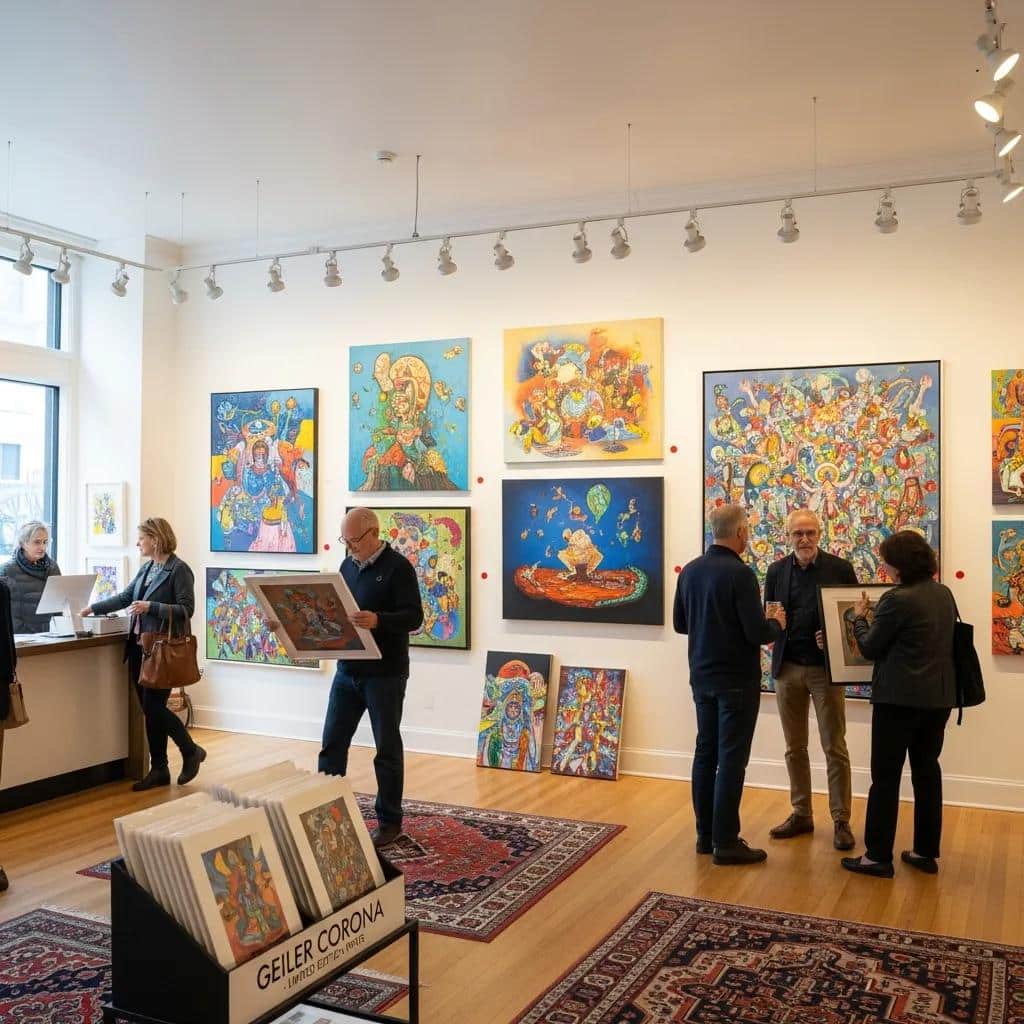 Local art gallery displaying original paintings and prints by Geiler Corona, emphasizing purchase options