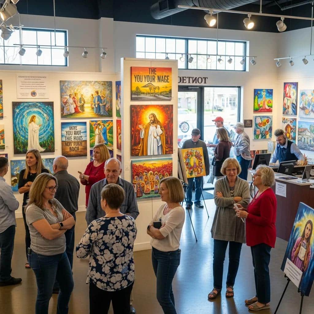 Local art gallery exhibition featuring motivational paintings and community engagement