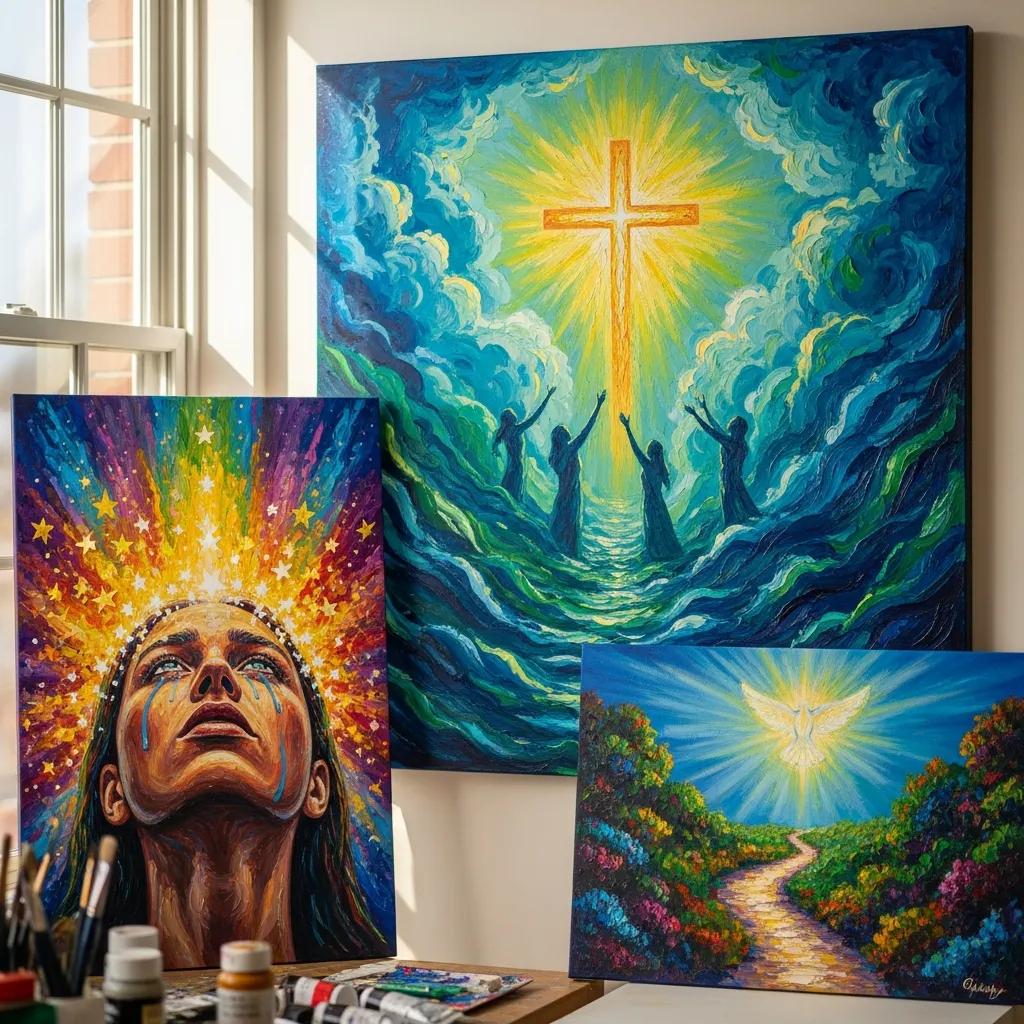 Original paintings by Geiler Corona showcasing themes of hope and faith in a vibrant art studio
