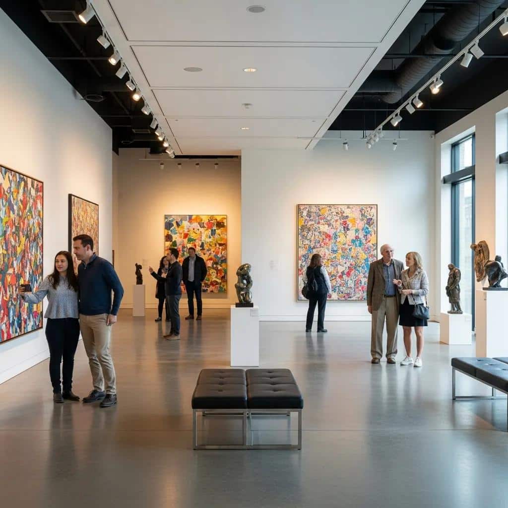 Visitors enjoying an art gallery viewing, showcasing contemporary artworks and a vibrant atmosphere
