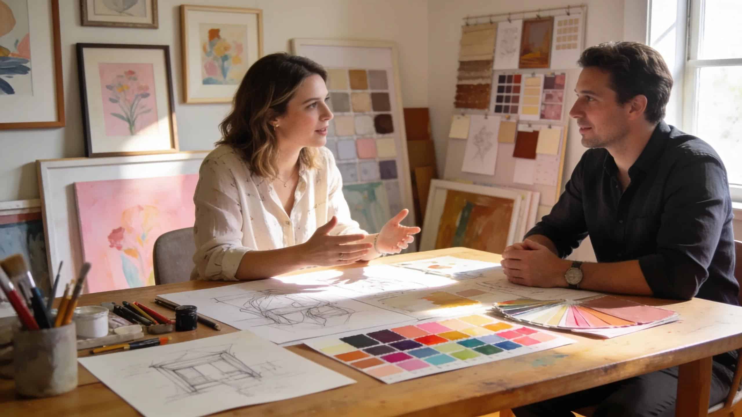 Client consulting with Geiler Corona in his studio about commissioning personalized artwork, surrounded by sketches and art examples
