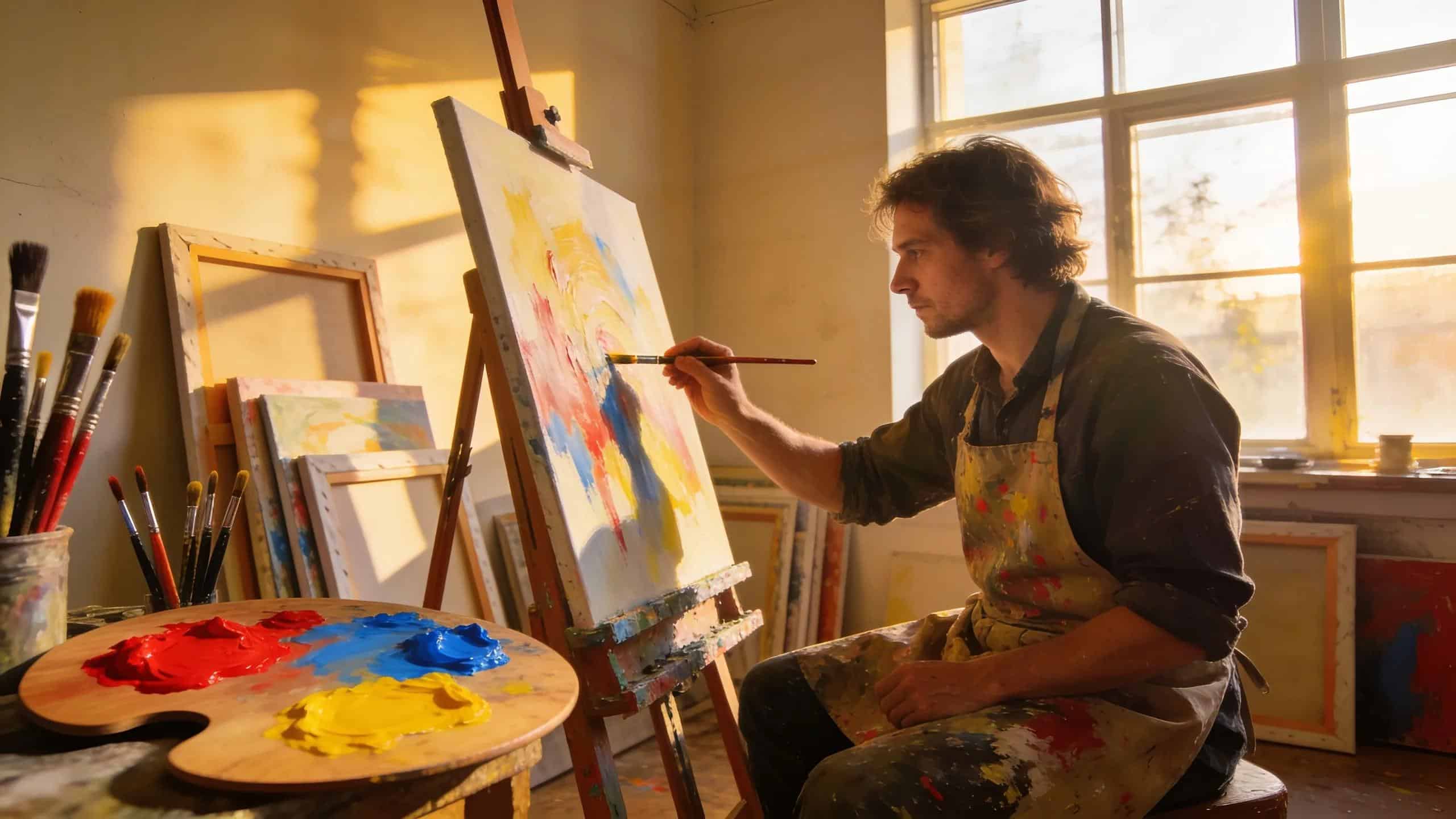 Artist creating a custom oil painting in a bright studio, highlighting the process of commissioning personalized artwork