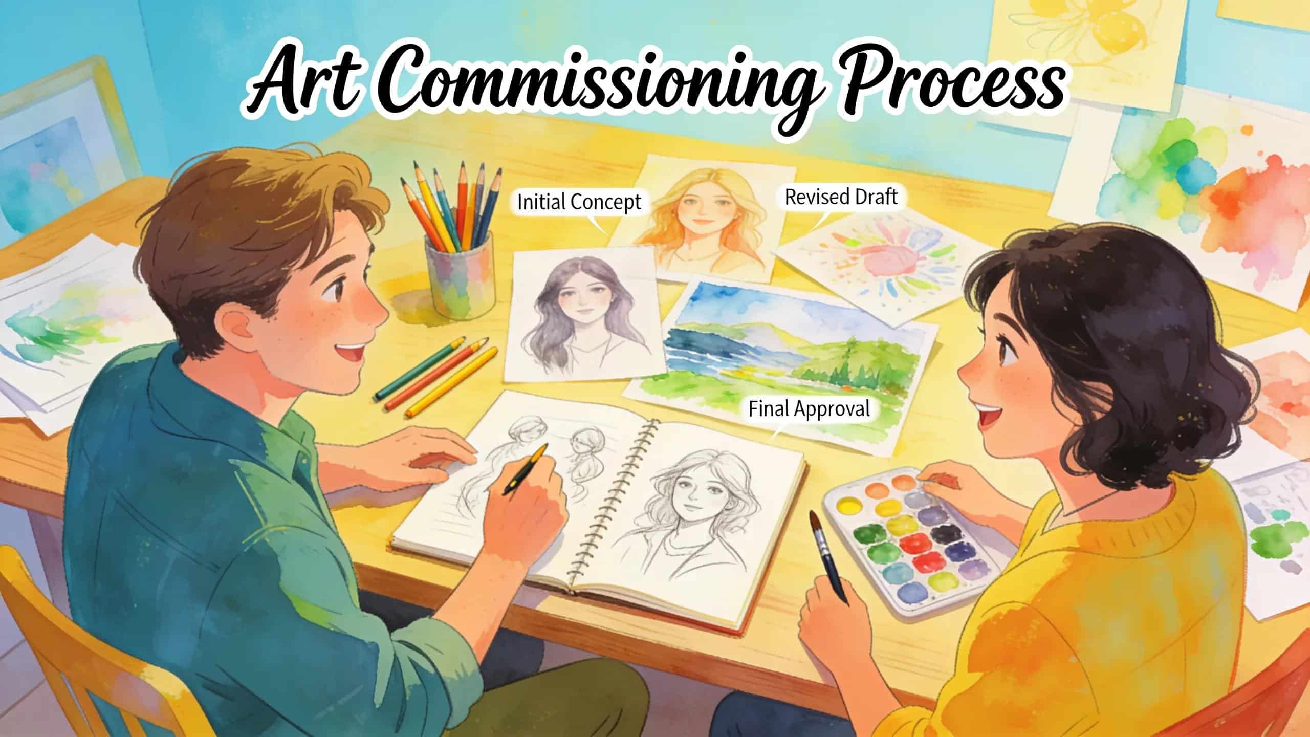 Artist and client discussing custom art commissions, surrounded by sketches and vibrant art supplies, highlighting the creative process.