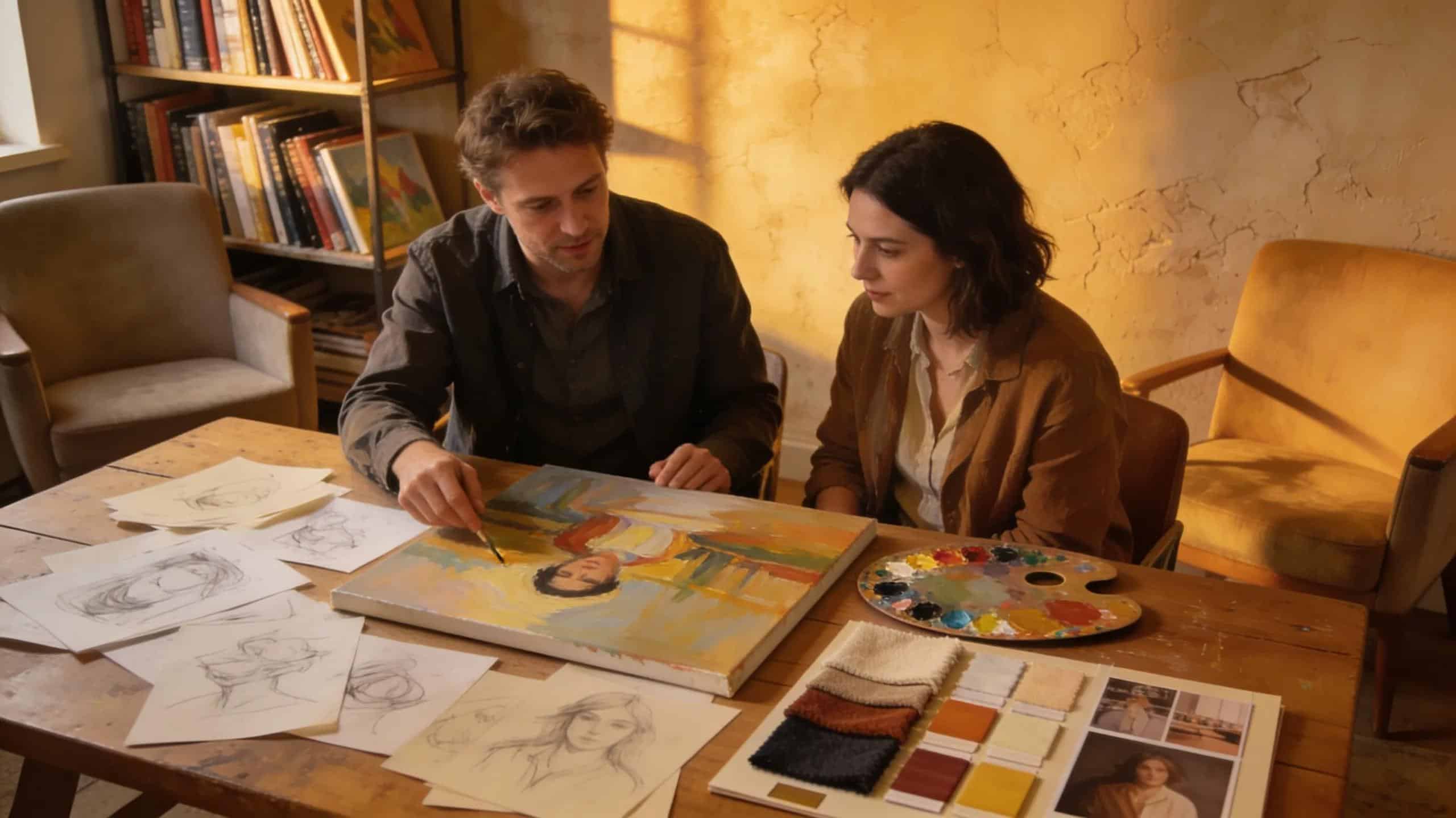 A consultation between an artist and client about a commissioned oil painting in a warm, inviting studio