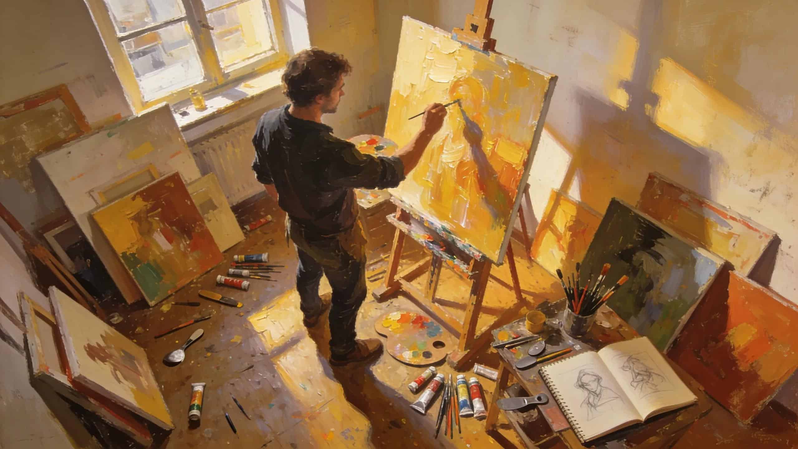 Artist Geiler Corona painting using impasto and glazing techniques in his studio