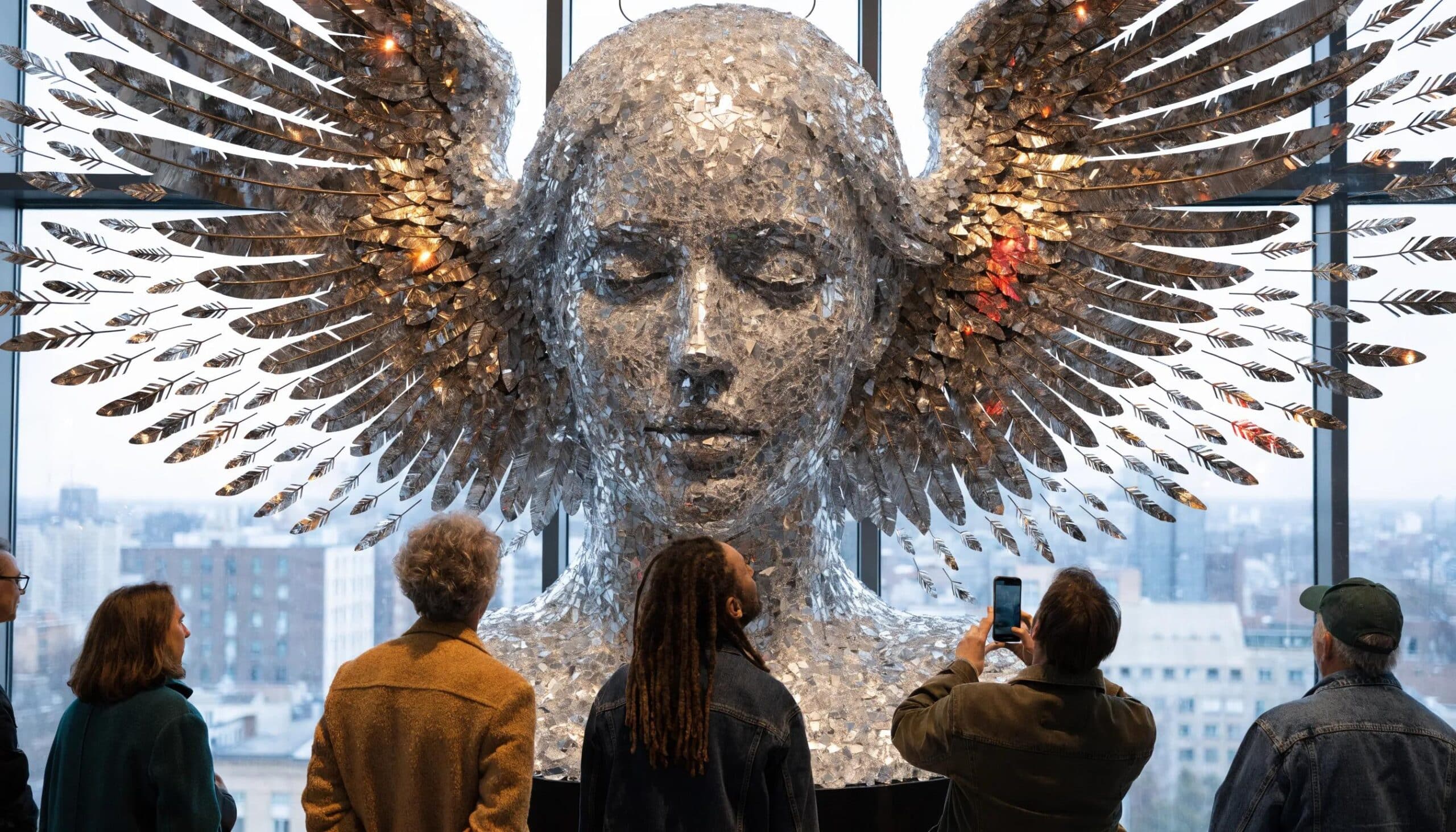 Contemporary artwork with Christian themes displayed in a Chicago art gallery