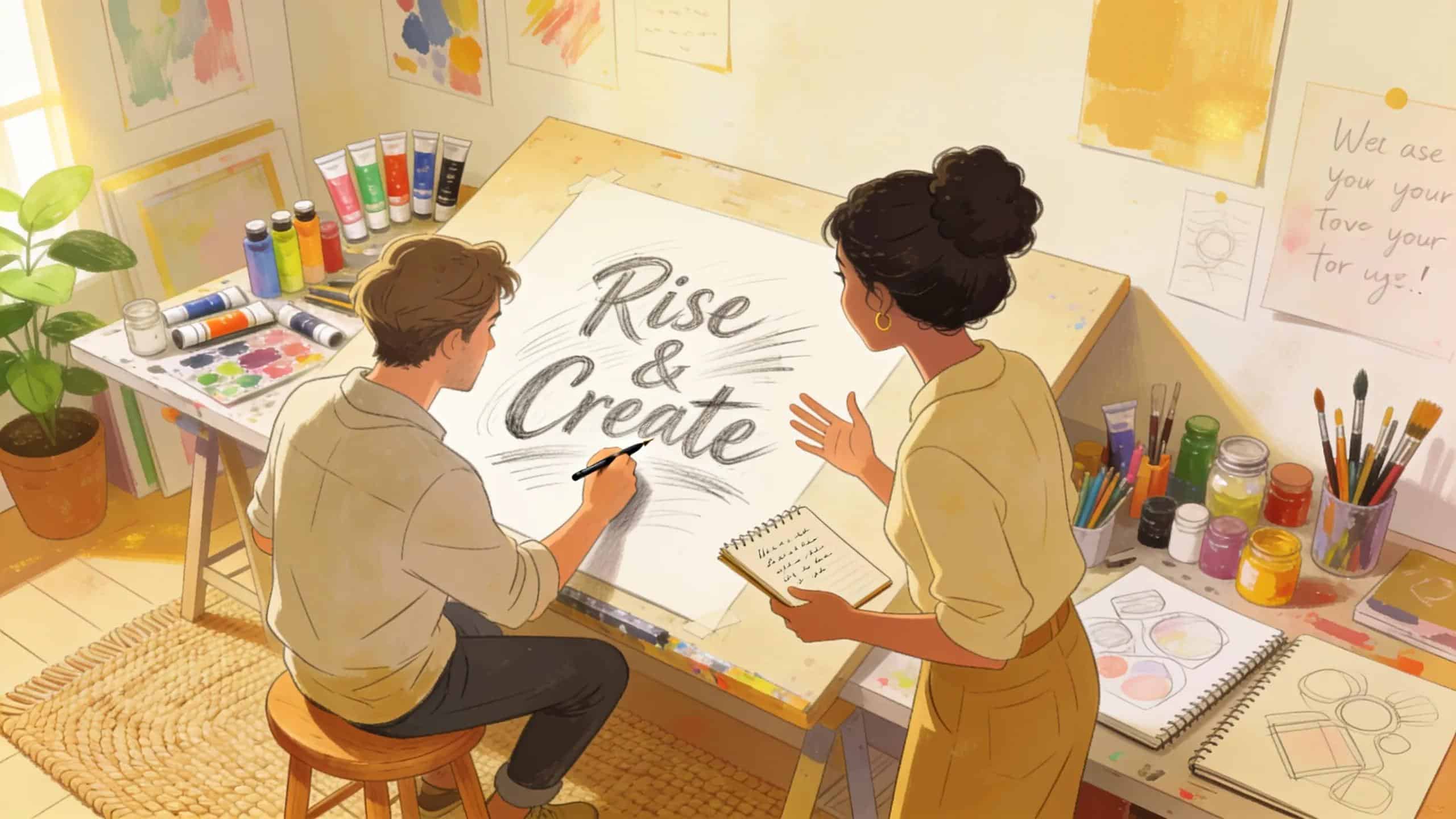 Artist working in studio on commissioned motivational art, showcasing creativity and collaboration in the process