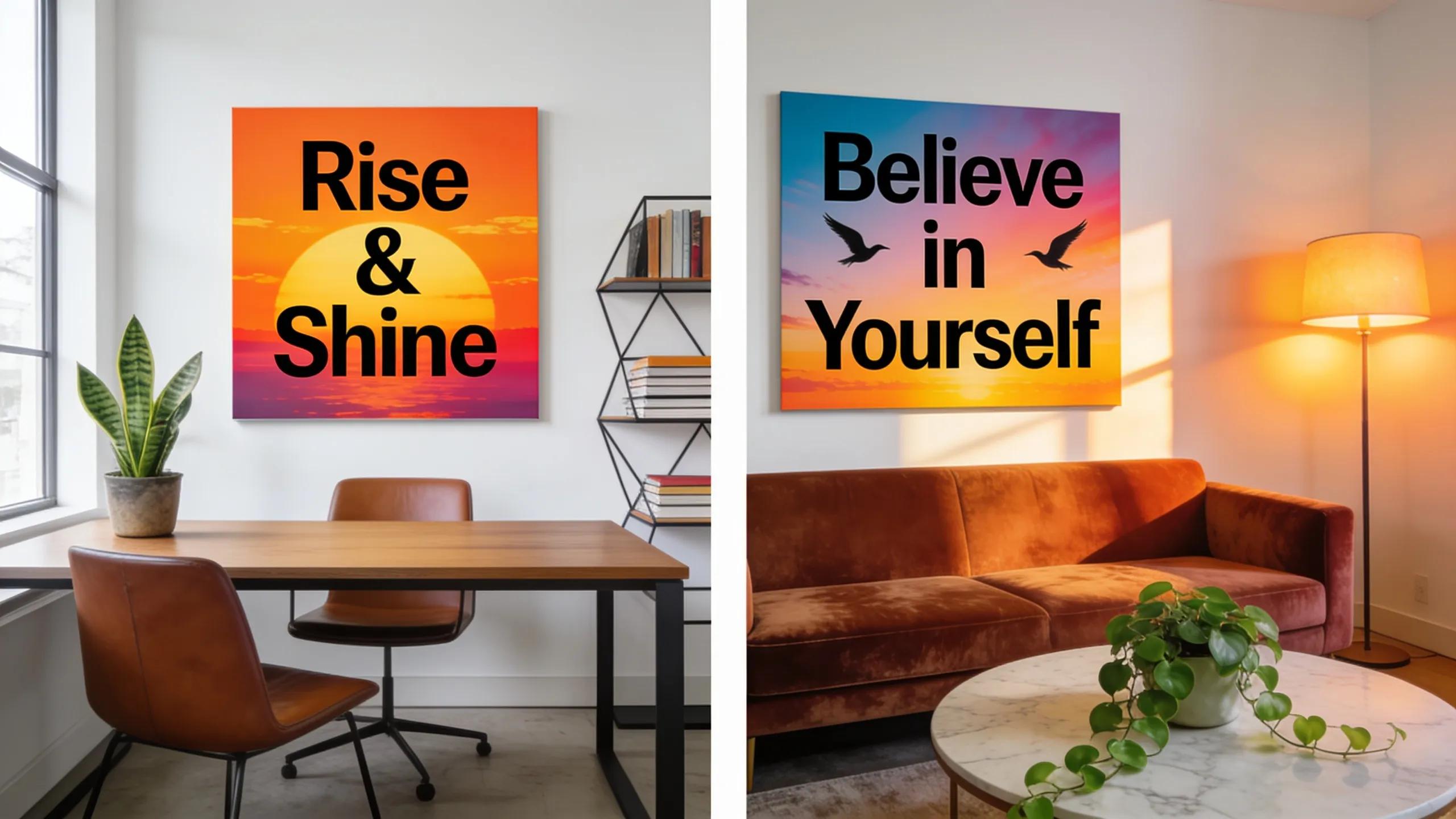 Motivational art in a home and office environment, illustrating the positive impact of uplifting messages and vibrant designs.
