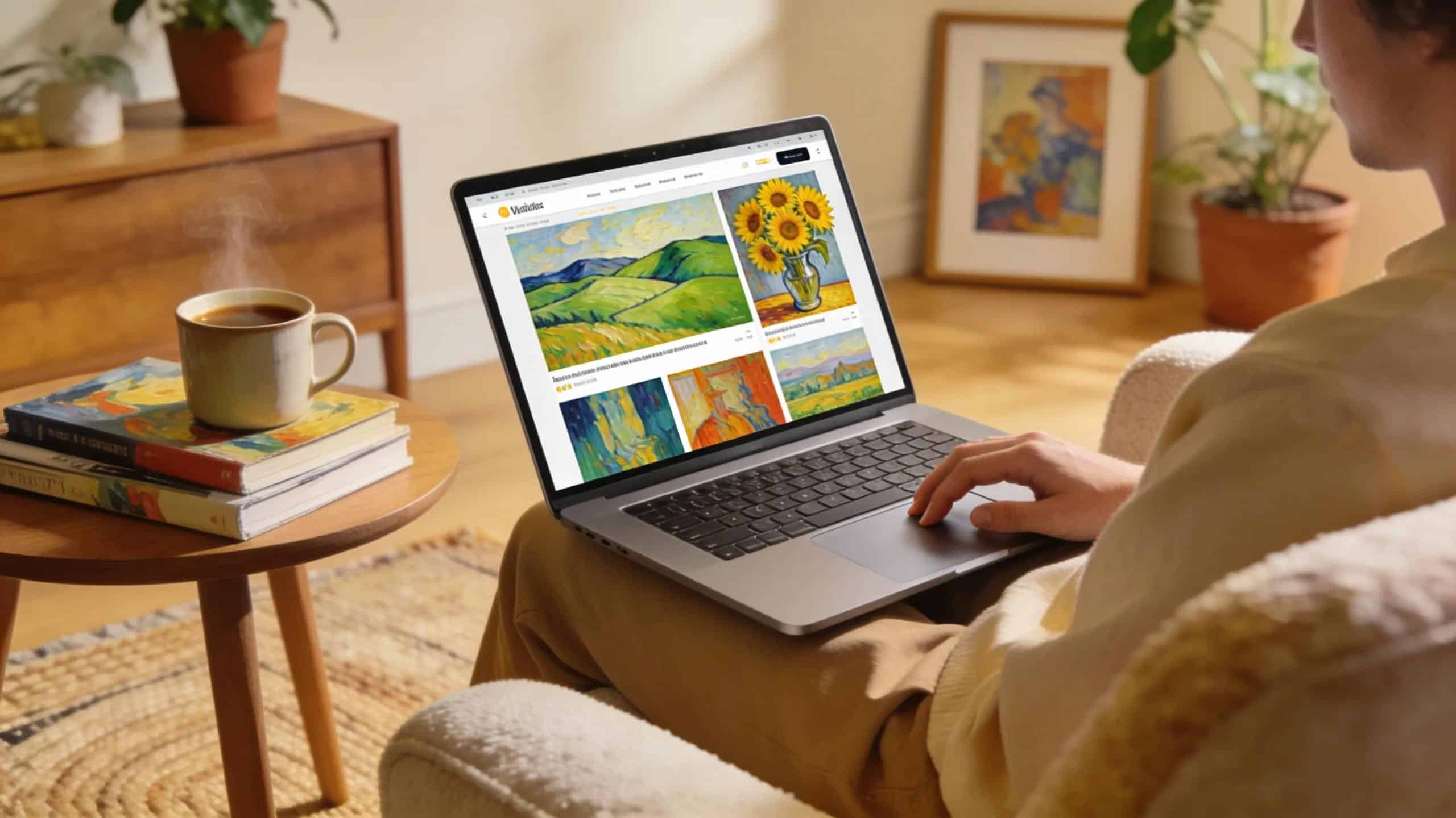 Individual browsing an online art gallery on a laptop, showcasing vibrant oil paintings for easy purchase