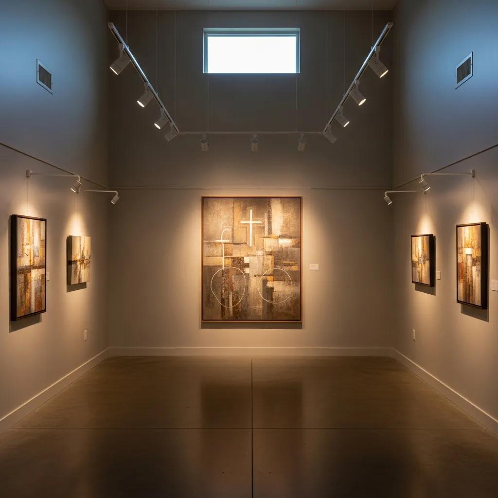 A room with contemporary Christian art illuminated by soft lighting, showcasing best practices for display