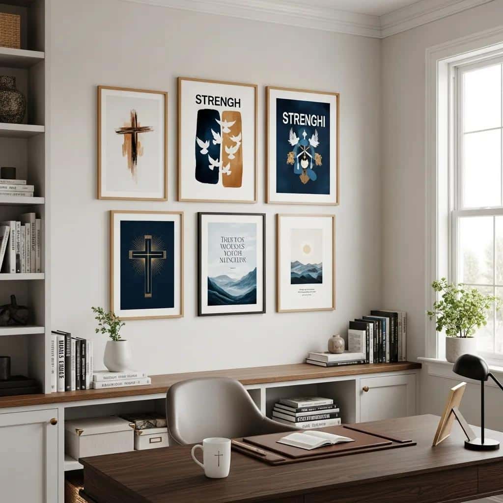 A stylish home office showcasing a harmonious arrangement of Christian artworks on a gallery wall