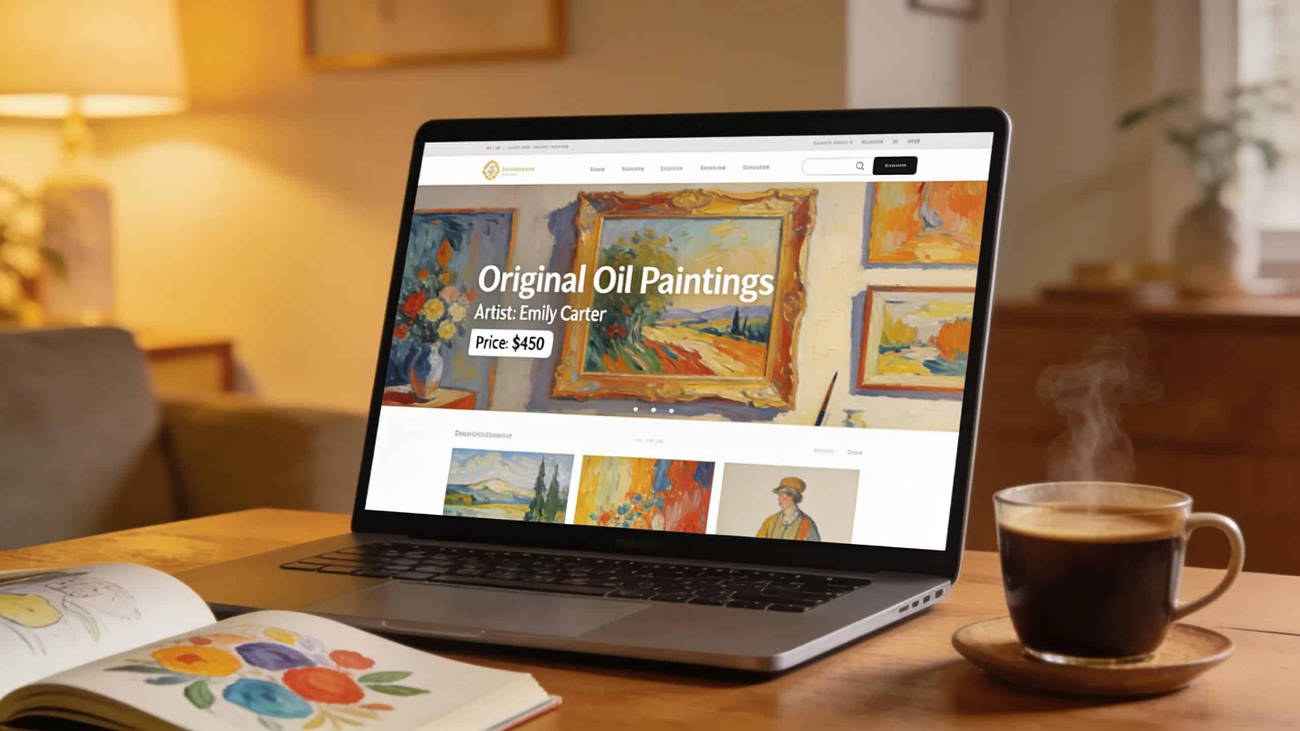 Online shopping interface displaying original oil paintings, capturing the modern experience of purchasing art from home