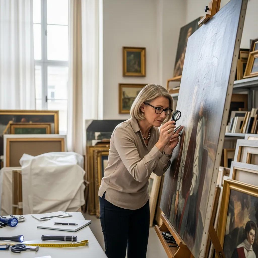 Art appraiser examining a painting in a studio setting
