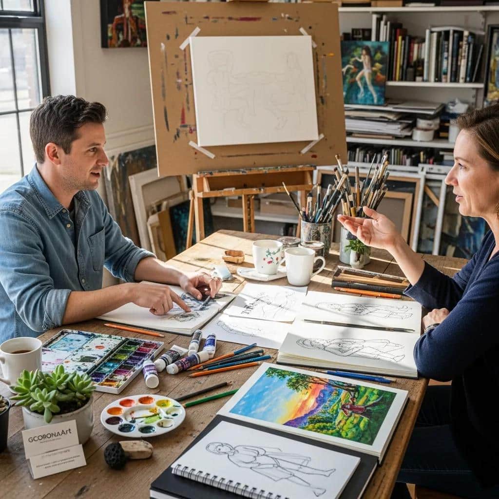 Artist and client discussing art commission ideas with sketches at GCoronaArt