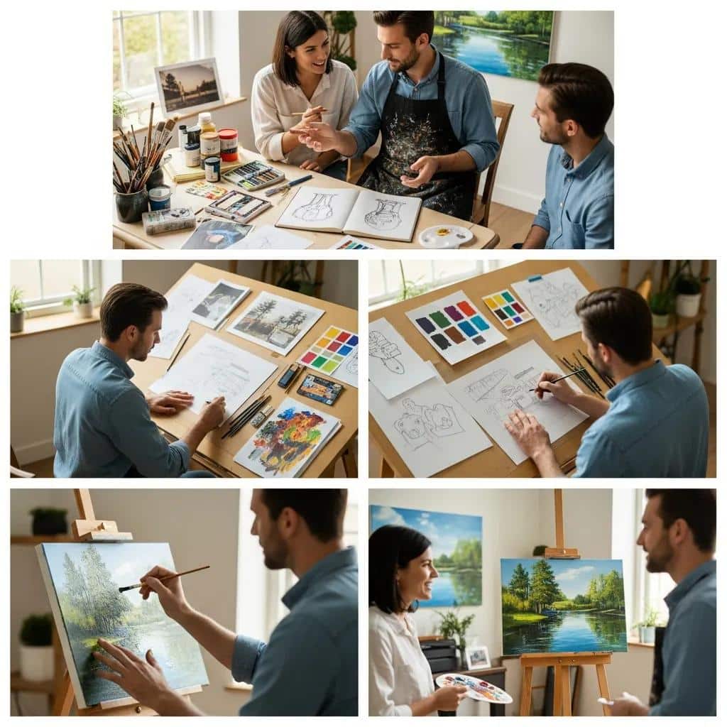 Artist and client discussing ideas for commissioned artwork in a cozy workspace