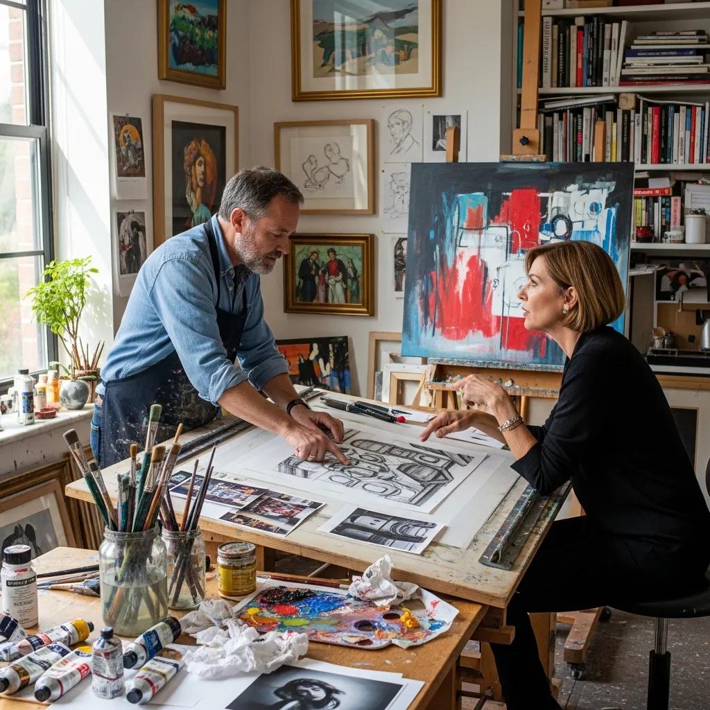 Artist and collector collaborating on a custom artwork in a creative studio, illustrating the commissioning process in the GCoronaArt Loyalty Program