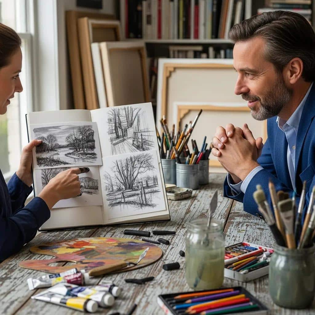 Artist and collector discussing commissioned artwork with sketches