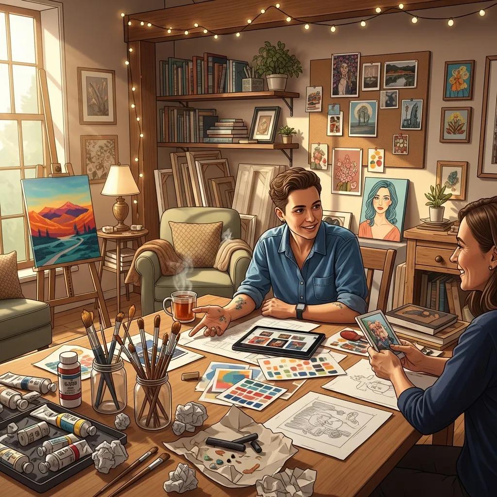 Artist consulting with a client about commissioning personalized artwork in a studio