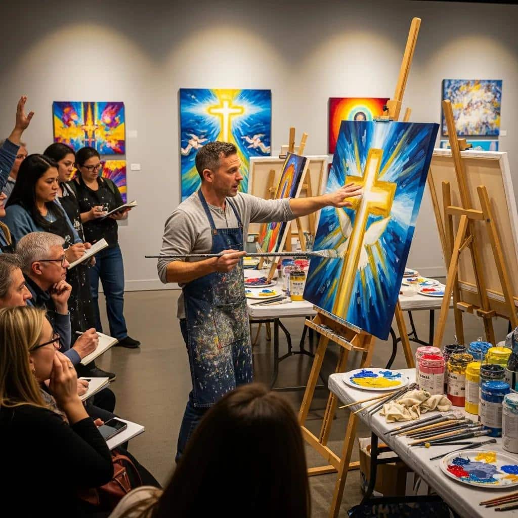 Artist demonstrating techniques during a live painting event, with an engaged audience