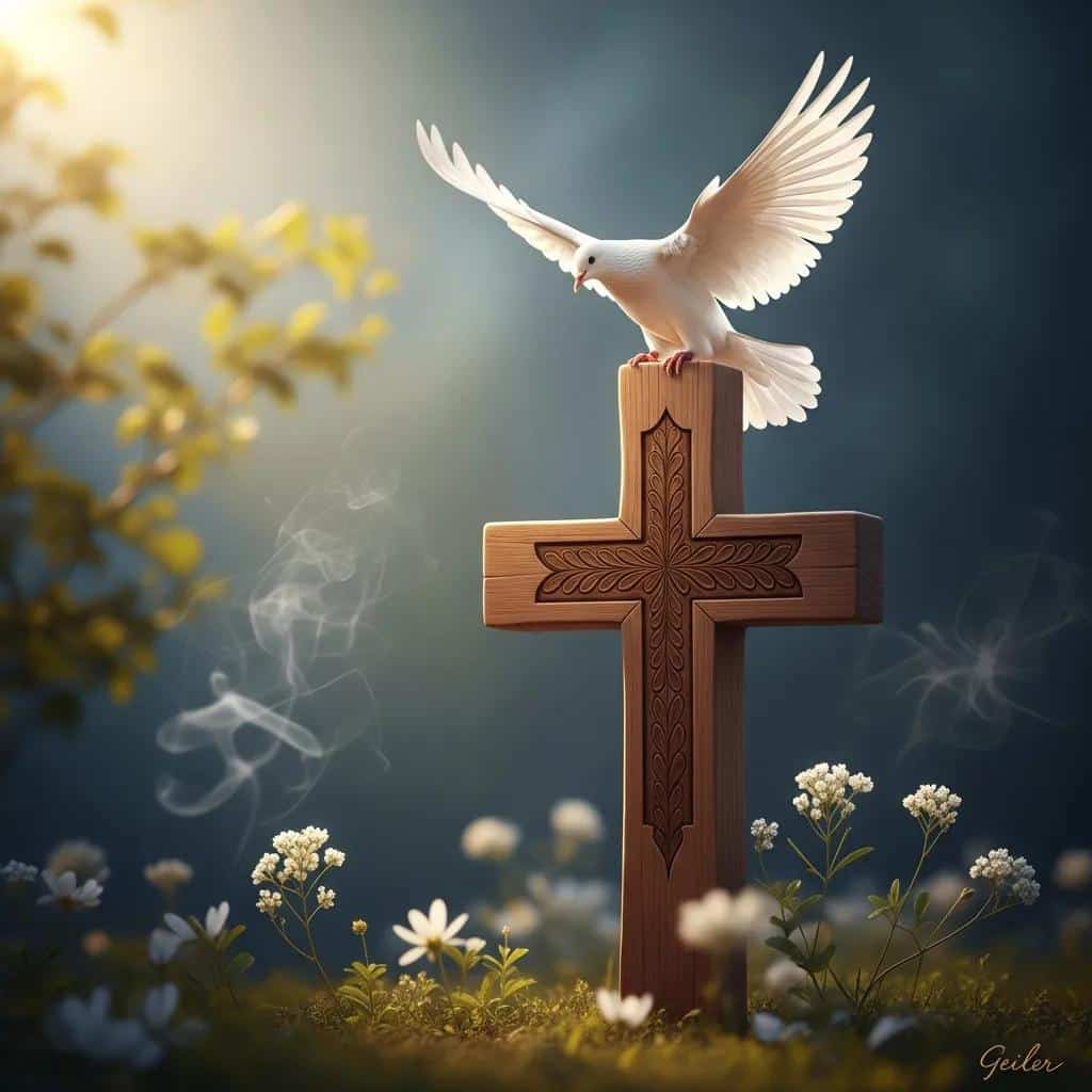 Christian symbols like a cross and dove in a serene setting, representing inspiration in Geiler Corona's art