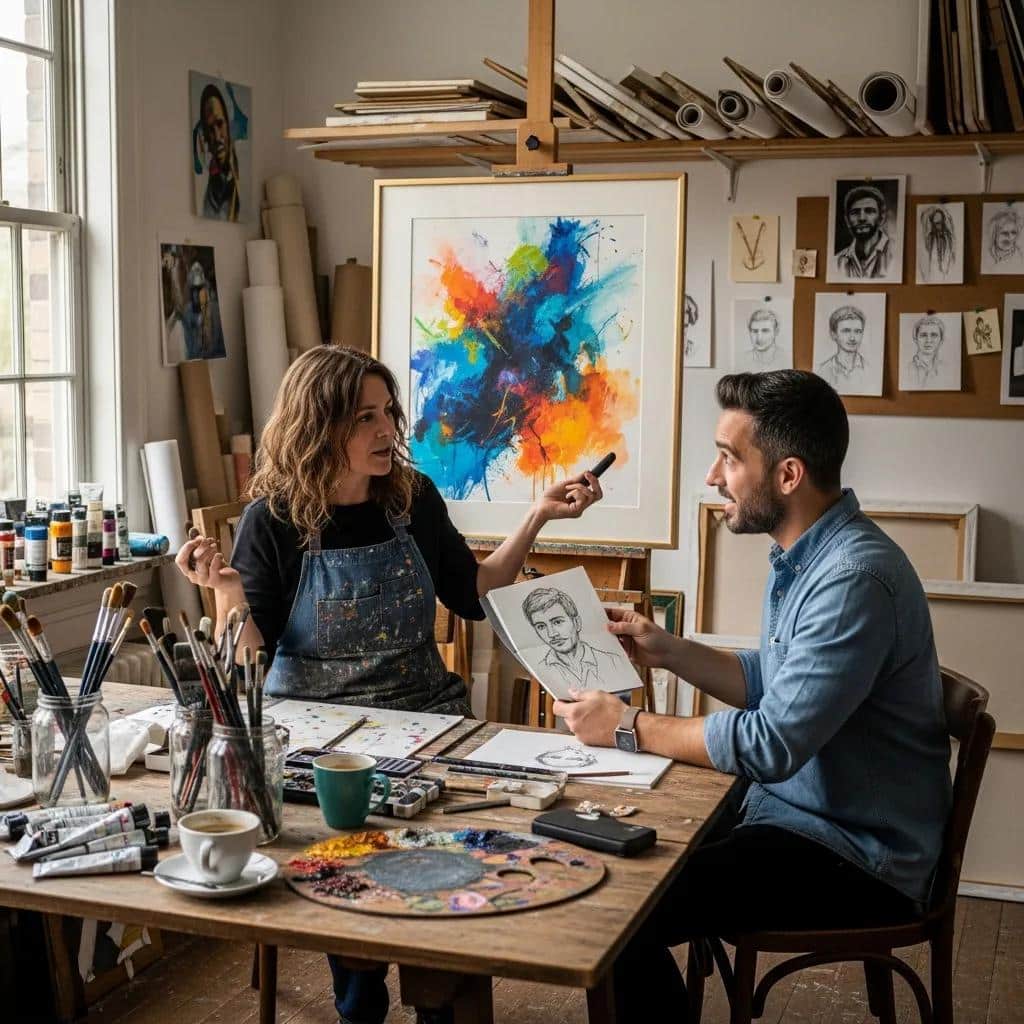 Client and Geiler Corona collaborating in an art studio, illustrating the commissioning process and personal engagement