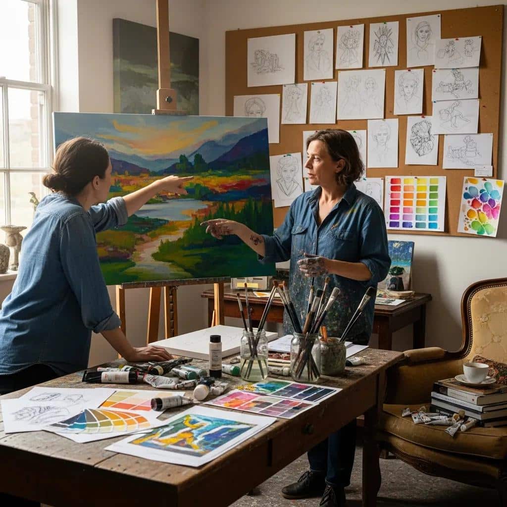 Client and Geiler Corona discussing a commissioned artwork in a cozy art studio, highlighting the creative process