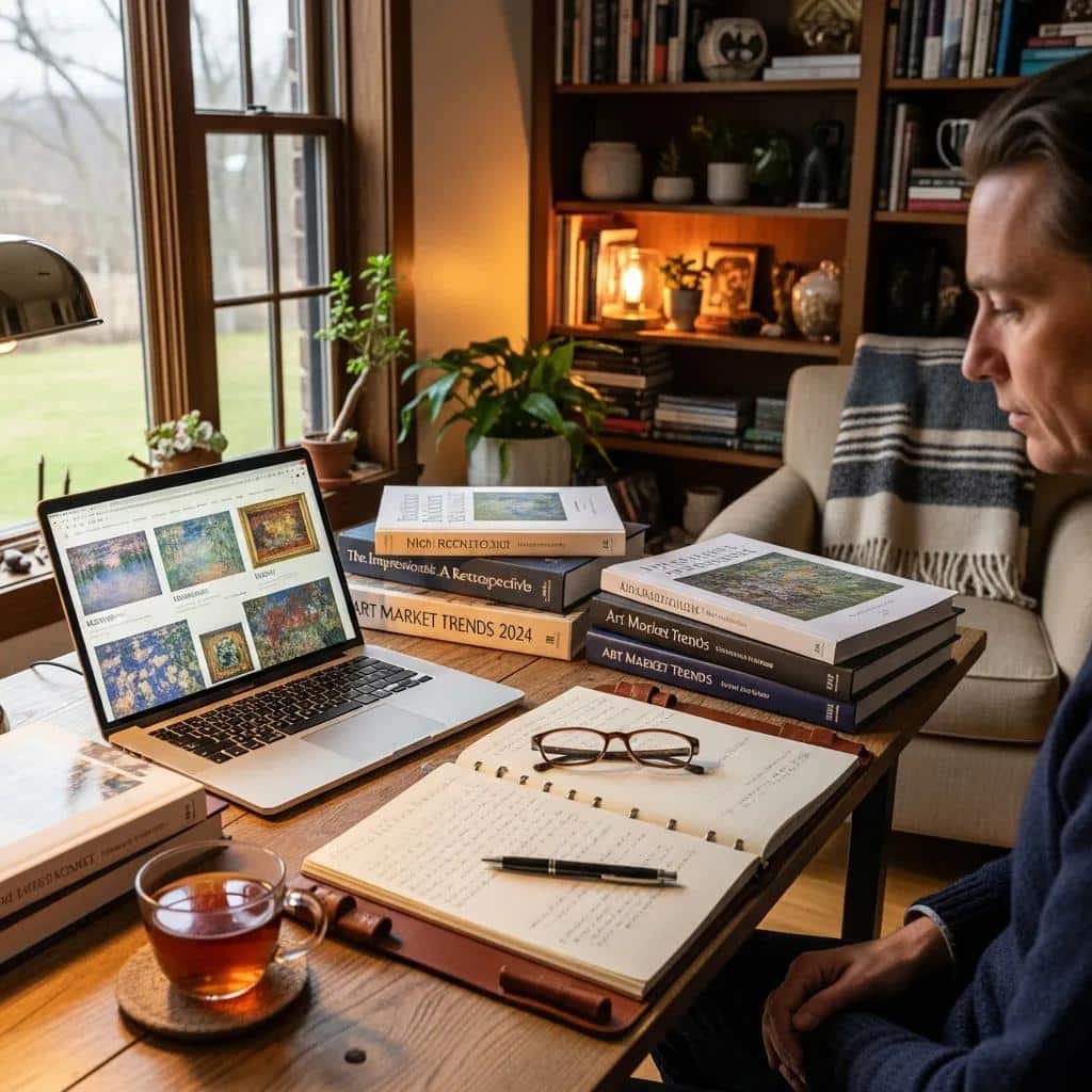 Collector researching best practices for purchasing original art in a cozy setting