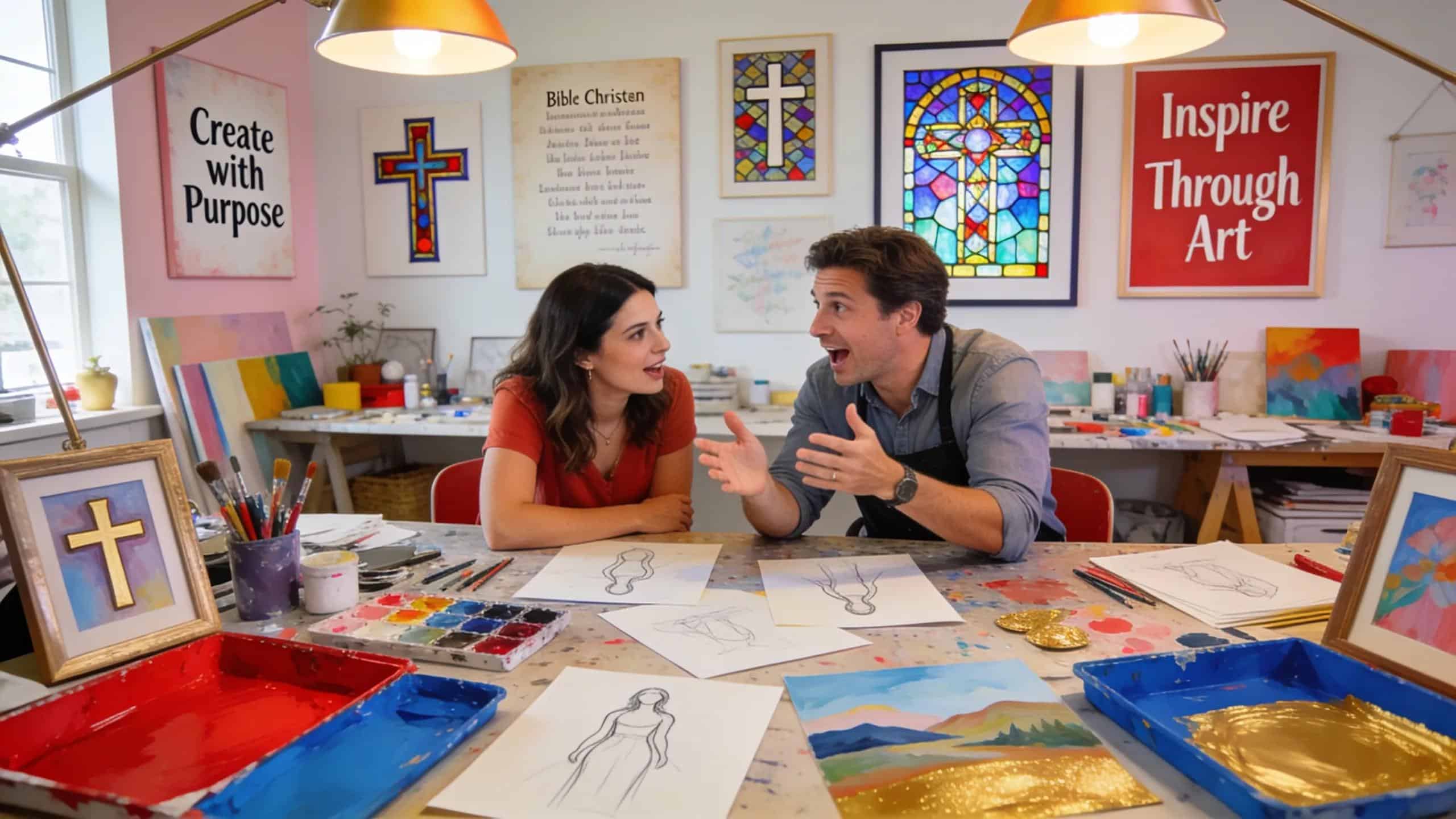 Artist and client collaborating on custom contemporary artwork in a vibrant studio