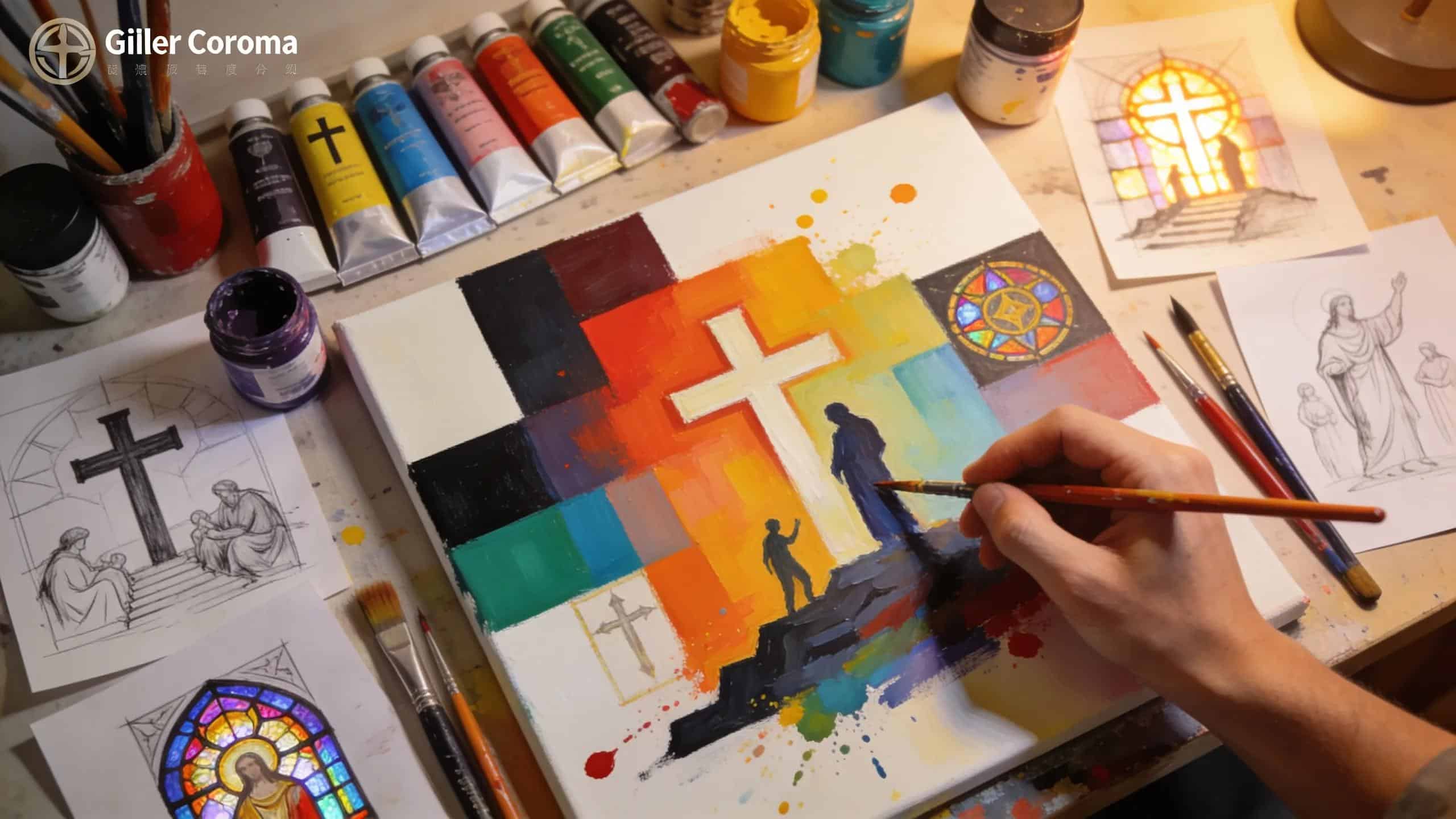 Geiler Corona painting in his studio, surrounded by colors and sketches reflecting influences of faith and creativity