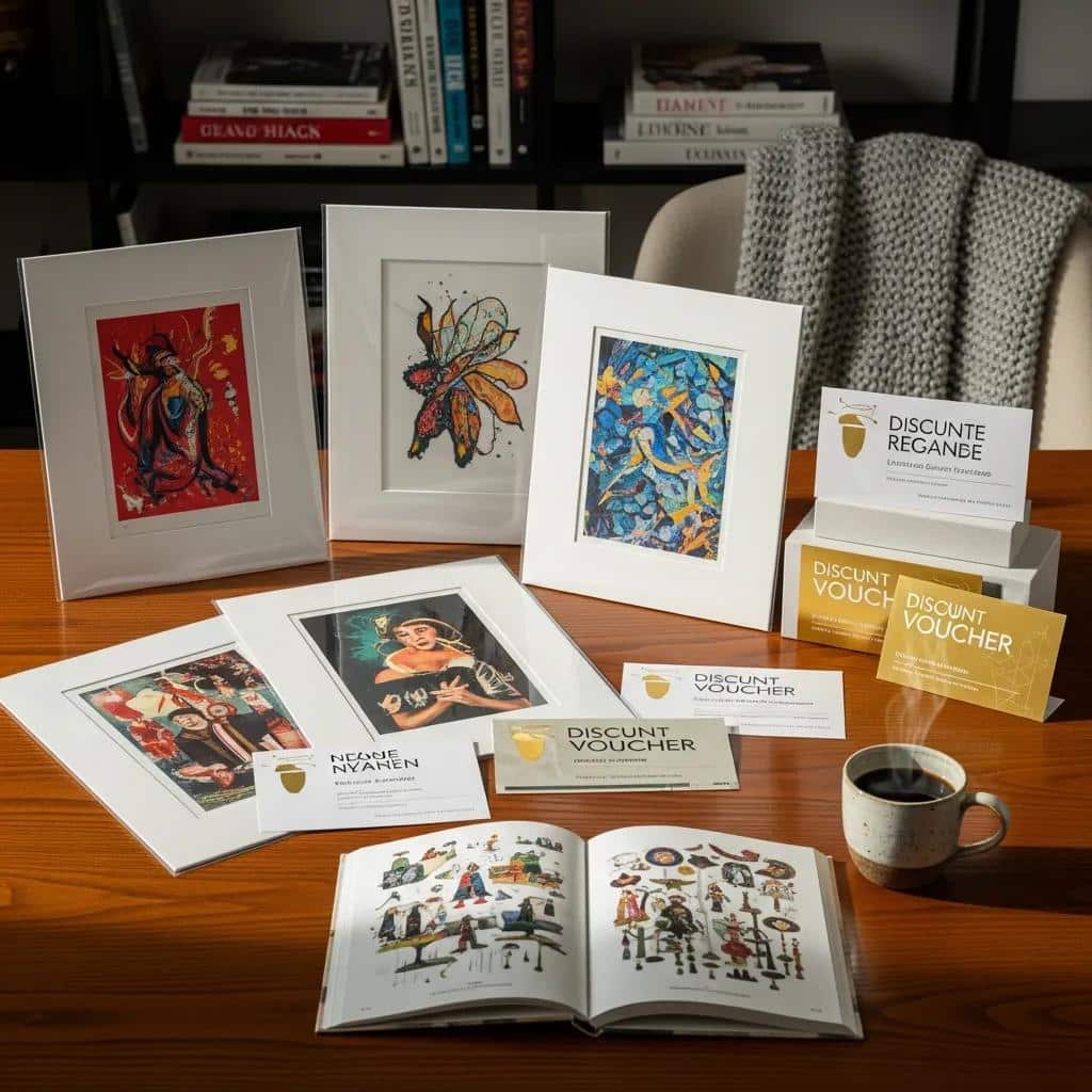 Exclusive art rewards and incentives displayed on a table, representing the benefits of the GCoronaArt Collector Loyalty Program