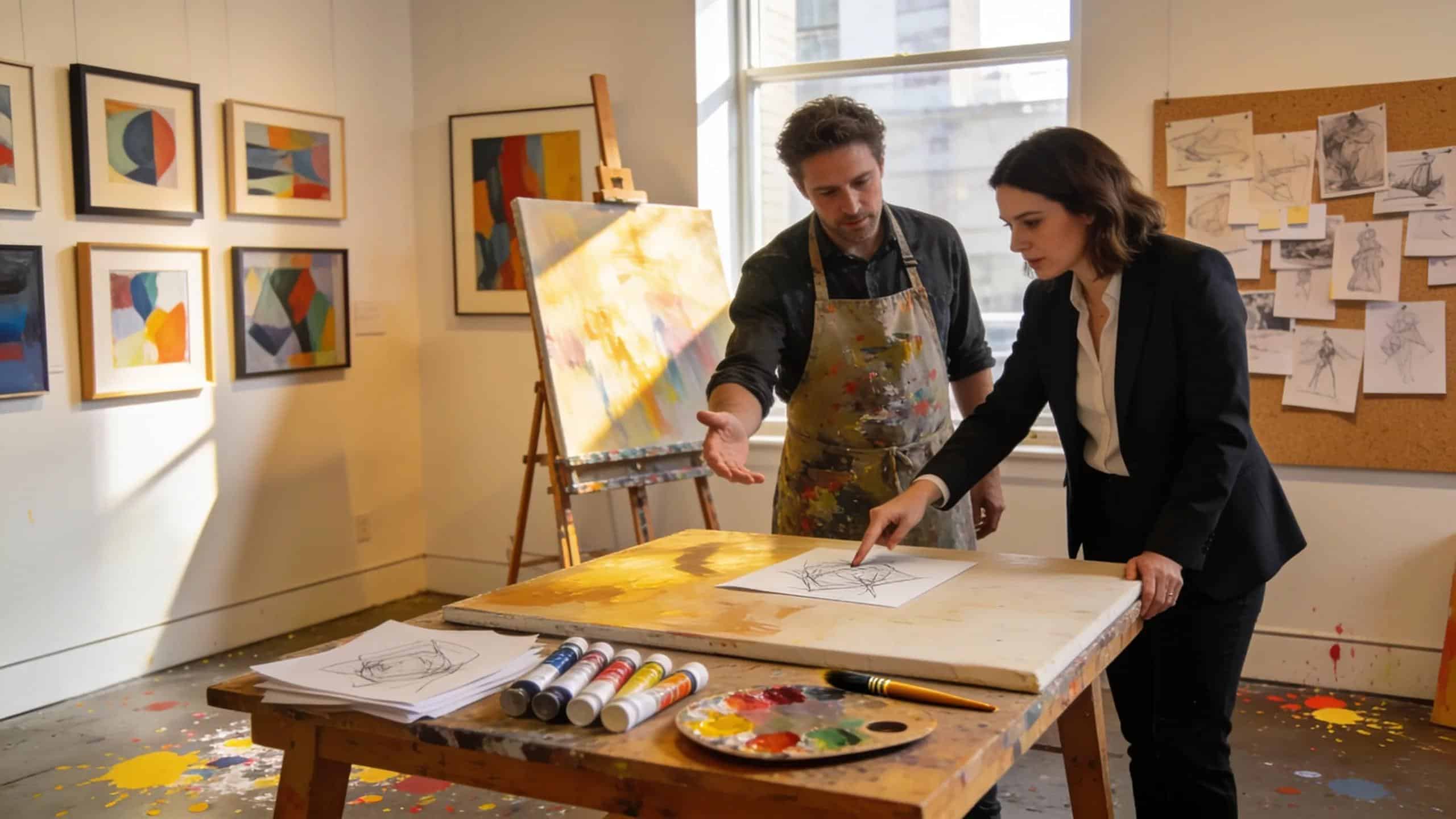Artist-client discussion on commissioned artwork in a Chicago gallery