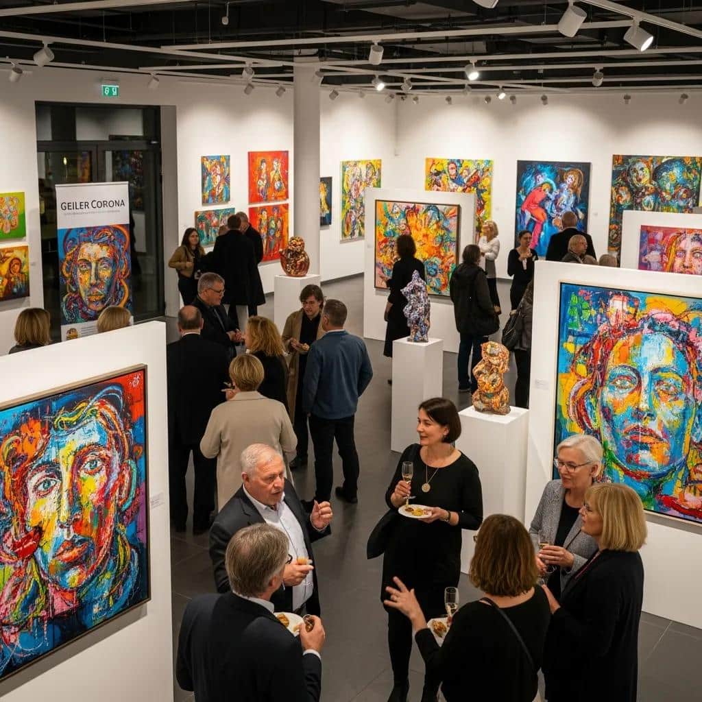 Gallery attendees providing positive feedback on Geiler Corona's artworks, highlighting emotional depth and quality