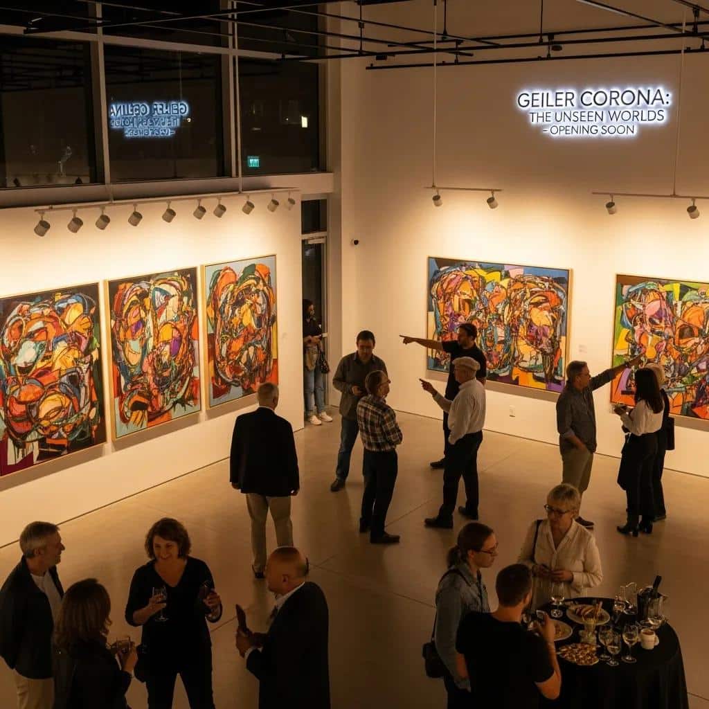 Gallery space showcasing Geiler Corona's original paintings with visitors engaging in the exhibition