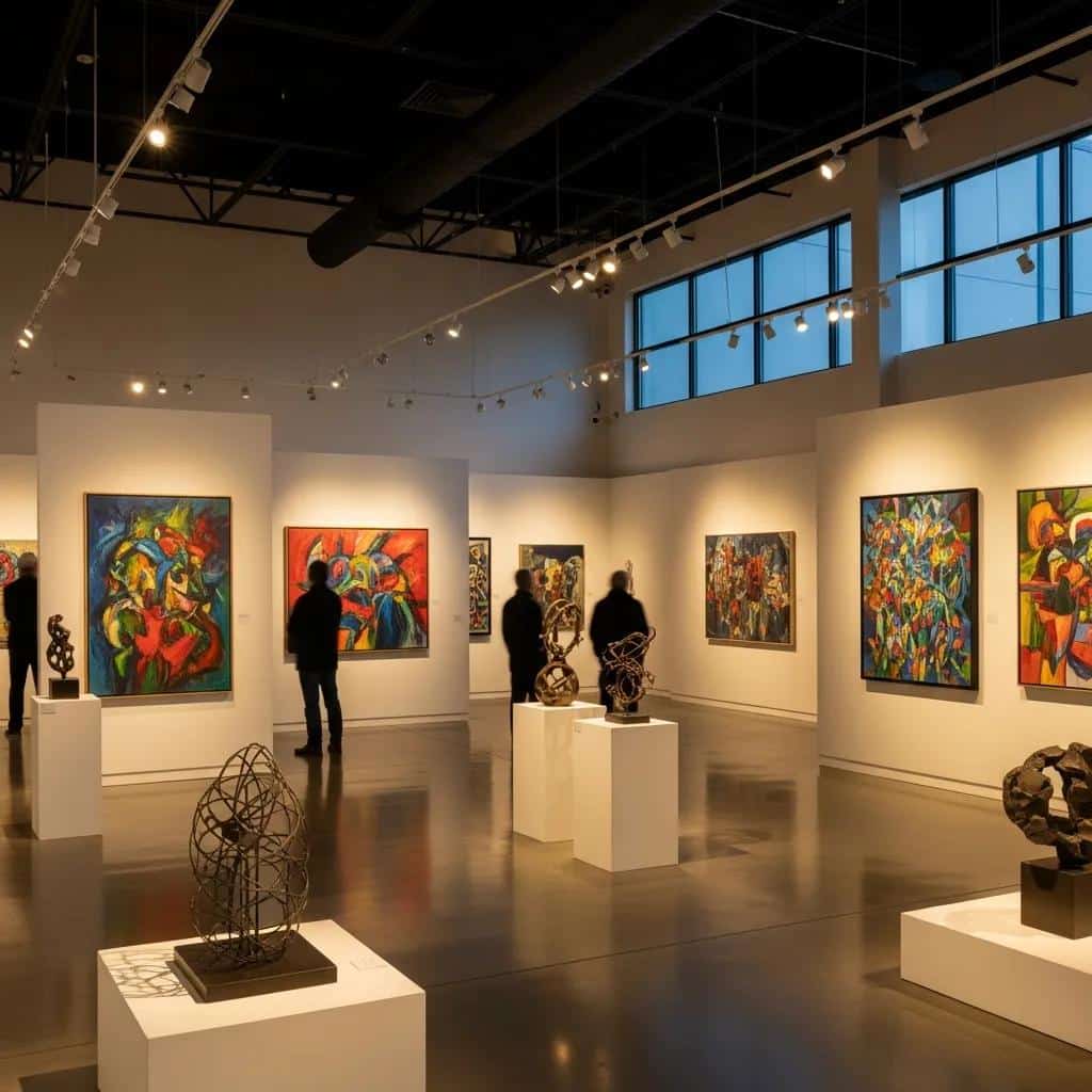 Gallery space with LED lighting enhancing visibility of displayed artworks, focusing on preservation techniques